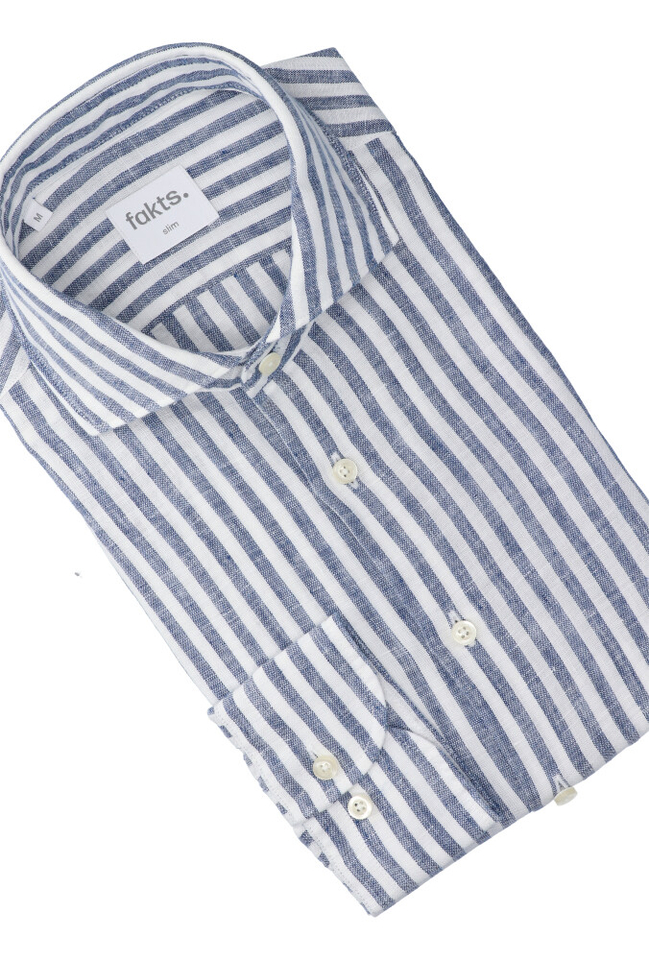 Blauw en wit gestreept linnen hemd (slim fit) met lange mouwen Leisure Fakts