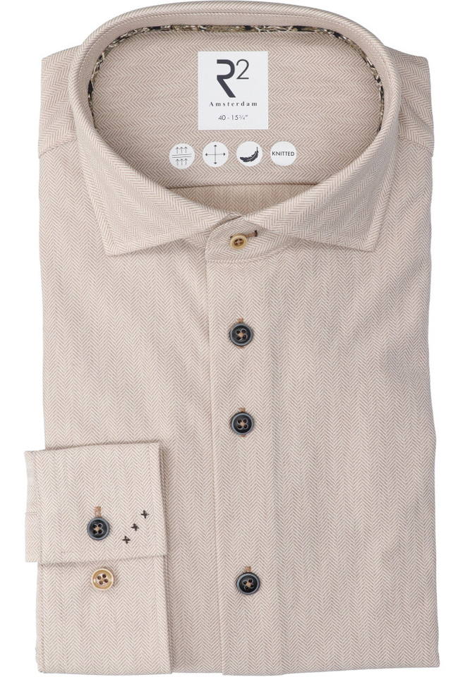 Beige katoenen hemd ( regular fit) met visgraatmotief en lange mouwen R2