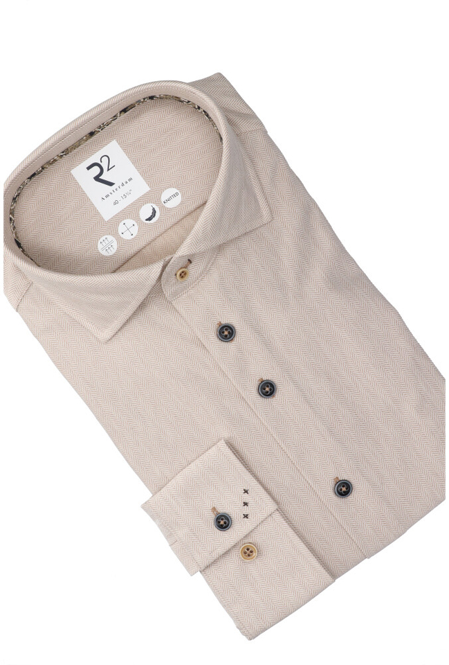 Beige katoenen hemd ( regular fit) met visgraatmotief en lange mouwen R2