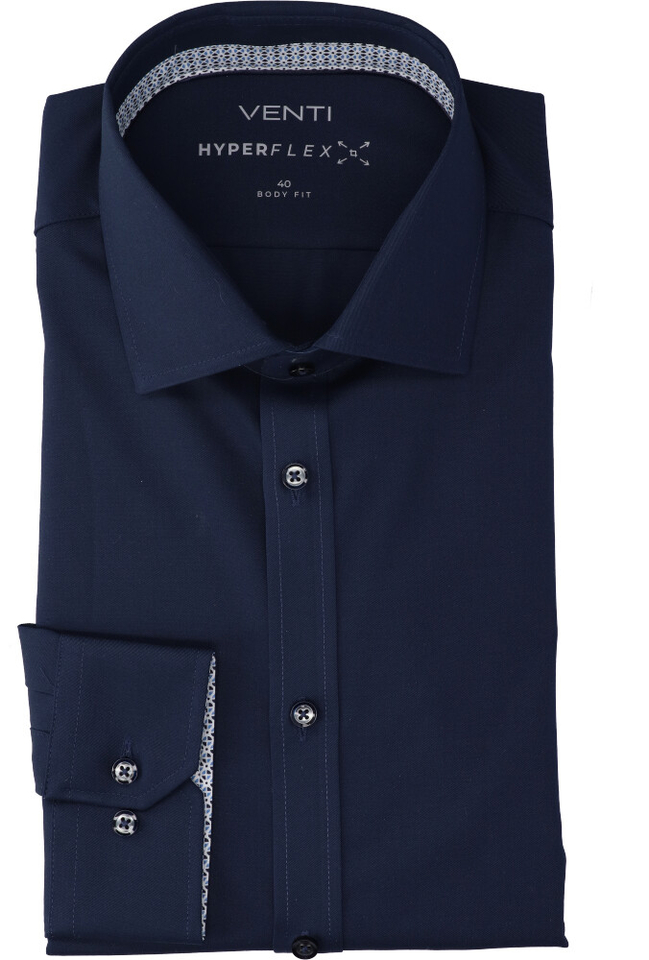 Navy hyperflex katoenen hemd ( regular fit) met lange mouwen Venti 