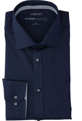 Navy hyperflex katoenen hemd ( regular fit) met lange mouwen Venti