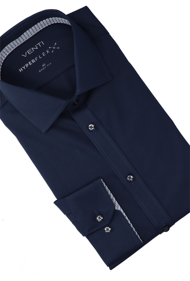 Navy hyperflex katoenen hemd ( regular fit) met lange mouwen Venti 