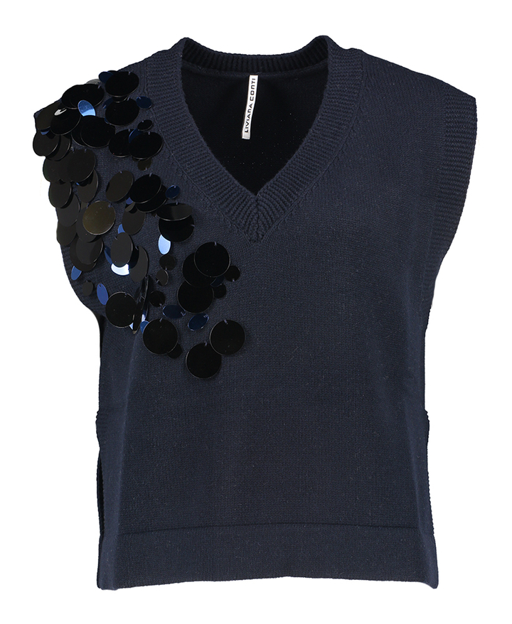 Donkerblauwe debardeur met pailetten detail in cashmere Liviana Conti