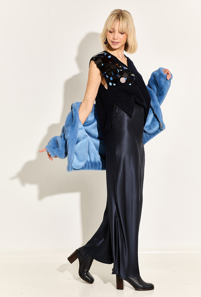 Donkerblauwe debardeur met pailetten detail in cashmere Liviana Conti