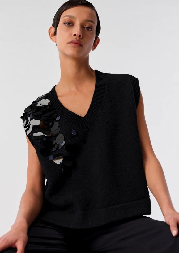 Donkerblauwe debardeur met pailetten detail in cashmere Liviana Conti