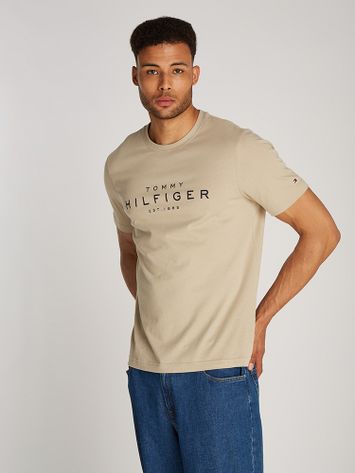Beige katoenen t-shirt met merknaam Tommy Hilfiger 