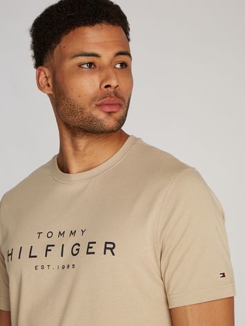 Beige katoenen t-shirt met merknaam Tommy Hilfiger 