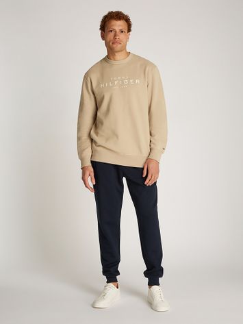 Zandkleurige trui met ronde hals en opdruk Tommy Hilfiger