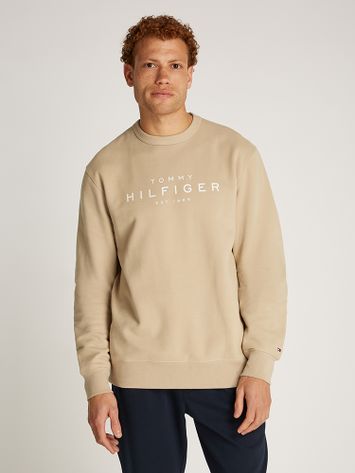 Zandkleurige trui met ronde hals en opdruk Tommy Hilfiger