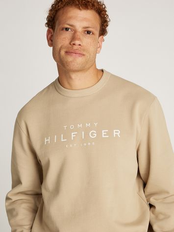 Zandkleurige trui met ronde hals en opdruk Tommy Hilfiger