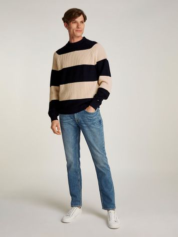 Blauw en beige gestreepte pull met ronde hals Tommy Hilfiger