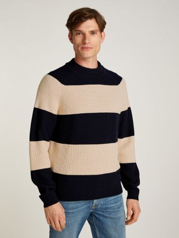 Blauw en beige gestreepte pull met ronde hals Tommy Hilfiger