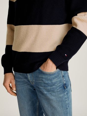 Blauw en beige gestreepte pull met ronde hals Tommy Hilfiger