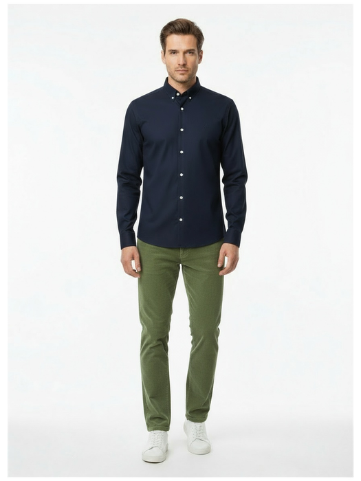Donkerblauw katoenen hemd (slim fit) met lange mouwen