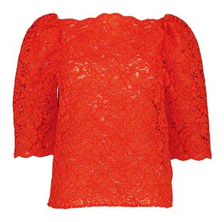 Stella Nova Roodkleurige doorschijnende cropped blouse met korte mouwen