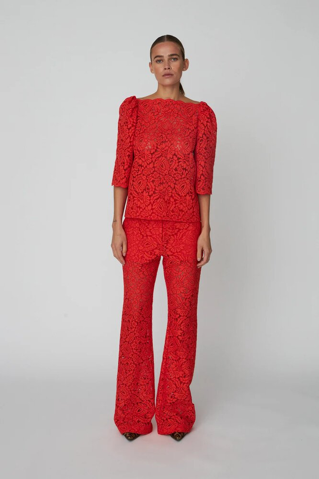 Roodkleurige doorschijnende cropped blouse met korte mouwen Stella Nova