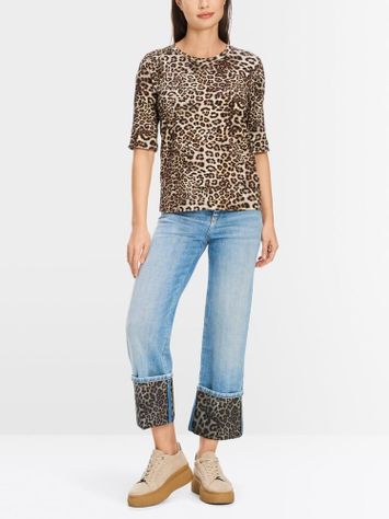Katoenen t-shirt in dierenprint en bloemendetail op de mouw Marccain Sport 