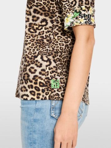 Katoenen t-shirt in dierenprint en bloemendetail op de mouw Marccain Sport 