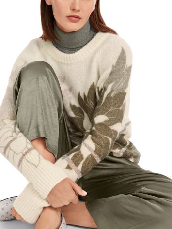 Beige wollen pull met ronde hals en bruine bloemenprint Marc Cain collections