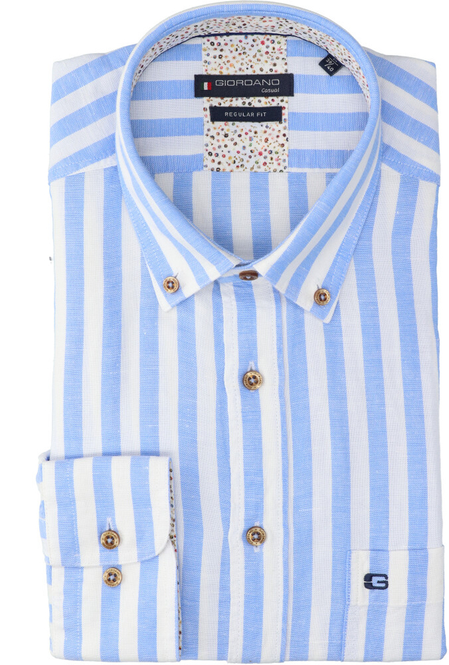 Wit en blauw gestreept katoenen hemd (regular fit) met lange mouwen Giordano