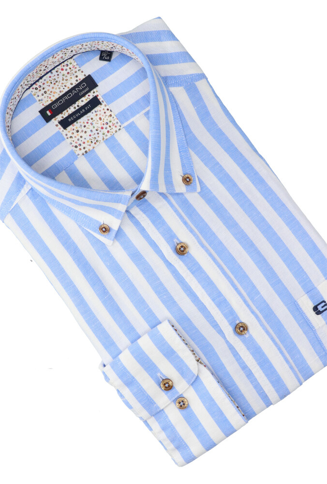 Wit en blauw gestreept katoenen hemd (regular fit) met lange mouwen Giordano