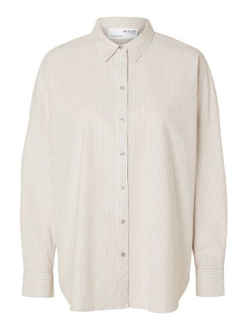 Wit oversized katoenen bloes met tobacco kleurige strepen Selected
