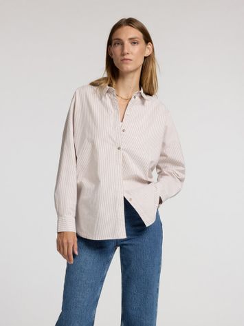 Wit oversized katoenen bloes met tobacco kleurige strepen Selected