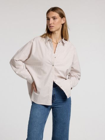 Wit oversized katoenen bloes met tobacco kleurige strepen Selected