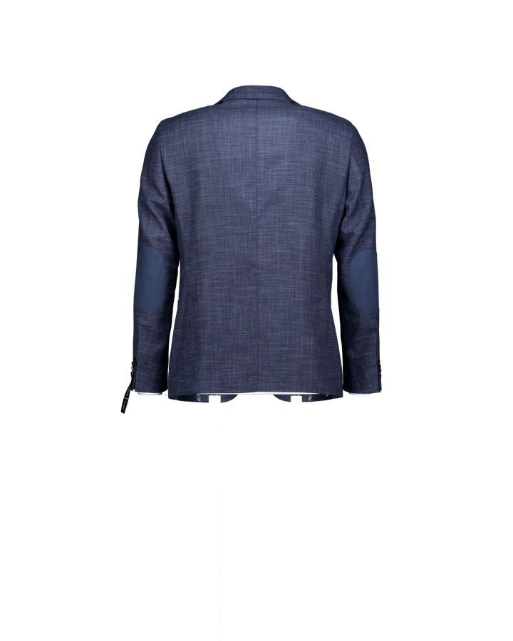 Donkierblauwe blazer in stretch met blauwe schouderlap in daim stof Edward Digel