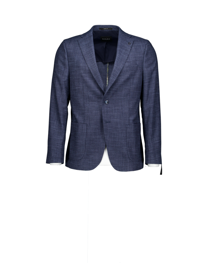 Donkierblauwe blazer in stretch met blauwe schouderlap in daim stof Edward Digel