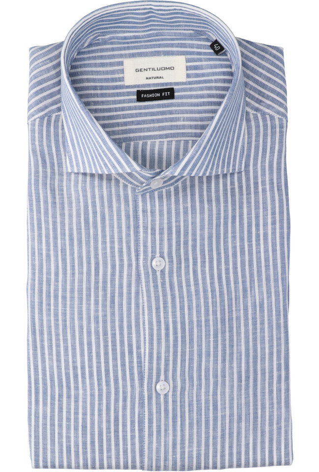 Blauw linnen hemd ( regular fit) met strepen en lange mouwen Gentiluomo 