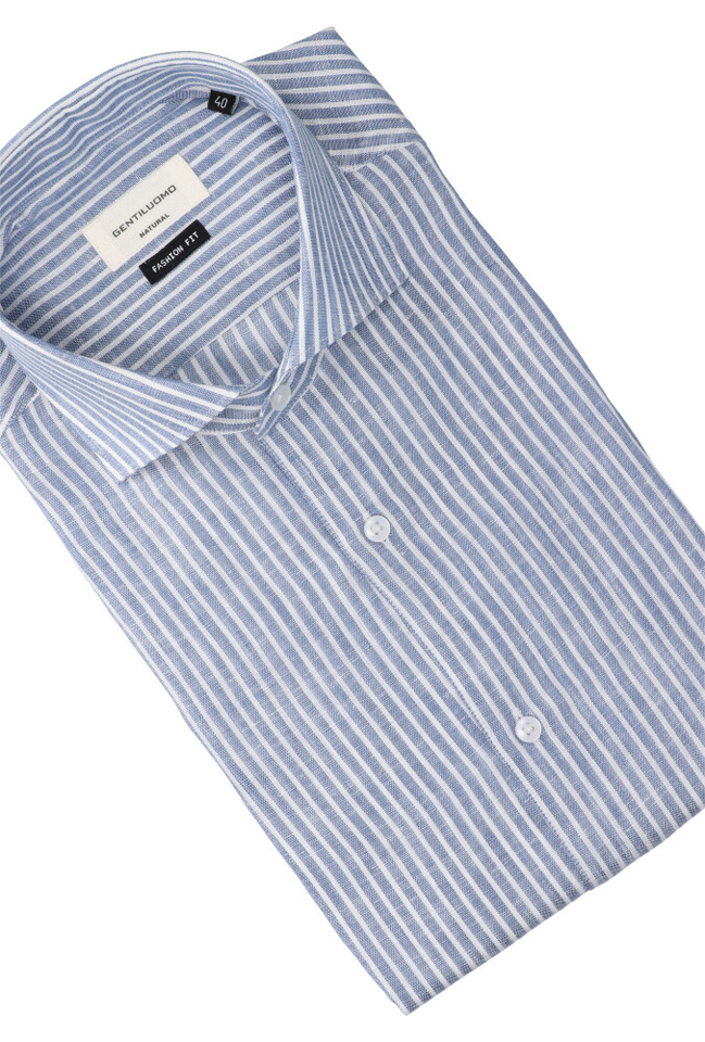 Blauw linnen hemd ( regular fit) met strepen en lange mouwen Gentiluomo 