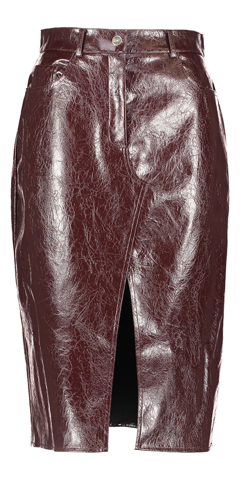 Bordeaux kokerrok met split in imitatieleer 