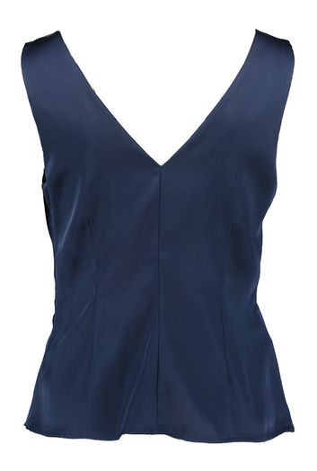 Donkerblauwe glanzende top met watervalkraag Rinascimento