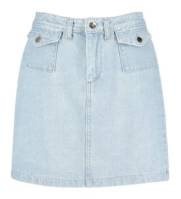 Lichtkleurige korte jeansrok met goudkleurige knopen Rinascimento