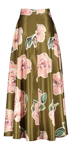Kakigroene glanzende lange rok met lichtroze bloemenprint Rinascimento