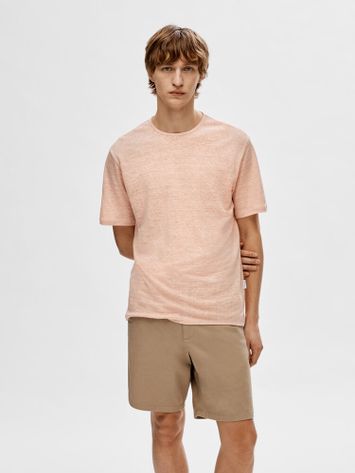 Lichtroze linnen t-shirt met ronde hals Selected