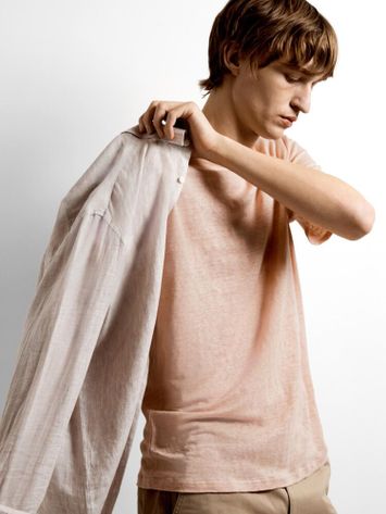 Lichtroze linnen t-shirt met ronde hals Selected