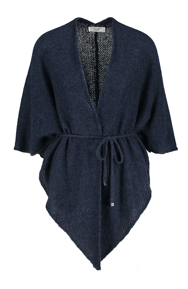 Donkerblauwe wollen poncho met lint Polsa Furore