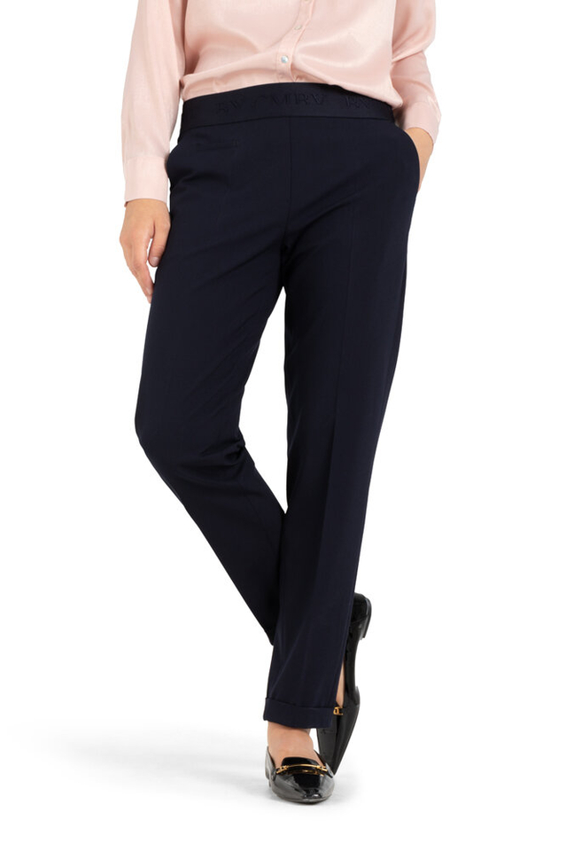 Blauwe lange broek met elastiek in de taille Kim Cambio 