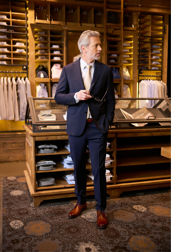 Donkerblauwe geklede kostuumbroek Janis Dressler