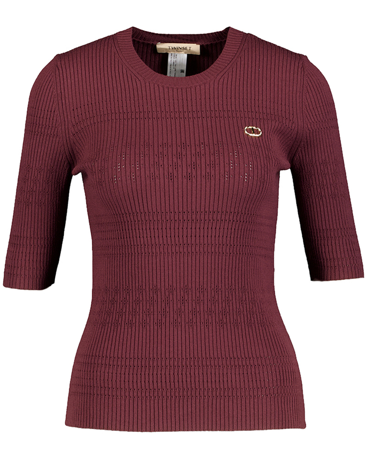 Bordeaux pull in ribbel met korte mouwen Twinset