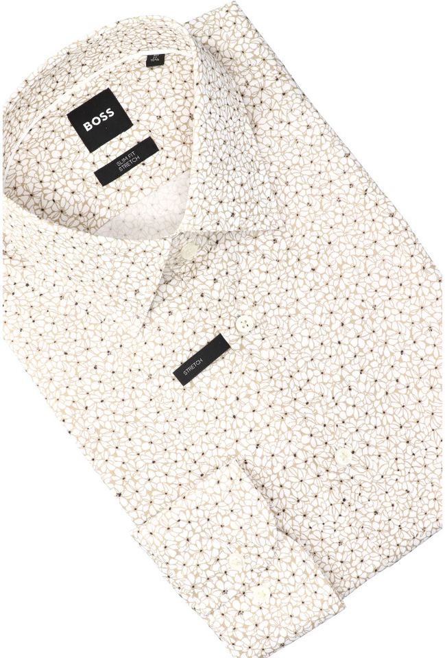 Wit katoenen hemd (slim fit) in beige bloemenprint met lange mouwen Hank Hugo Boss