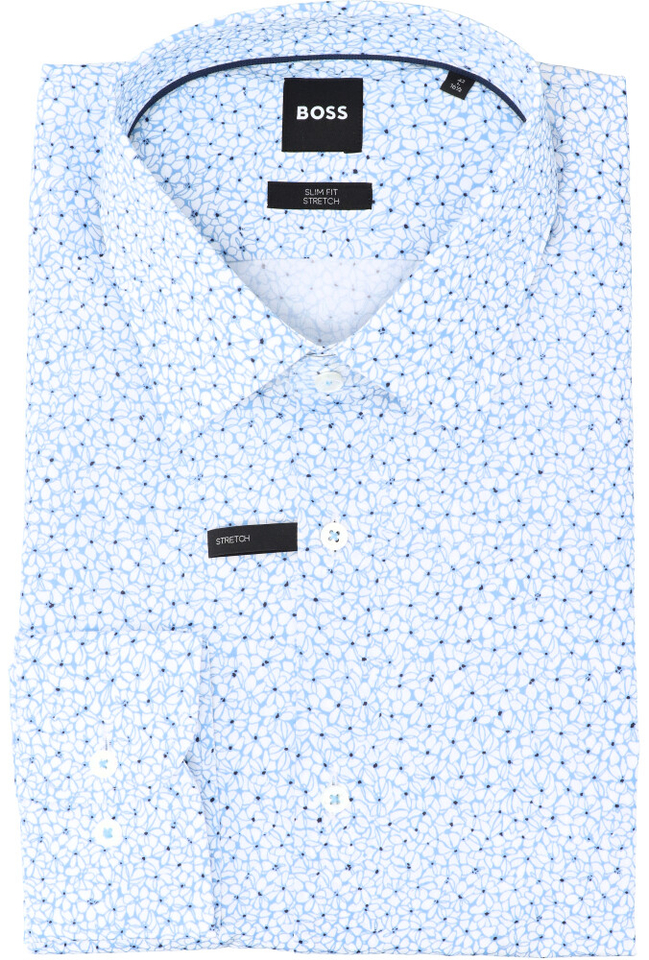 Wit katoenen hemd (slim fit) in lichtblauwe bloemenprint met lange mouwen Hank Hugo Boss