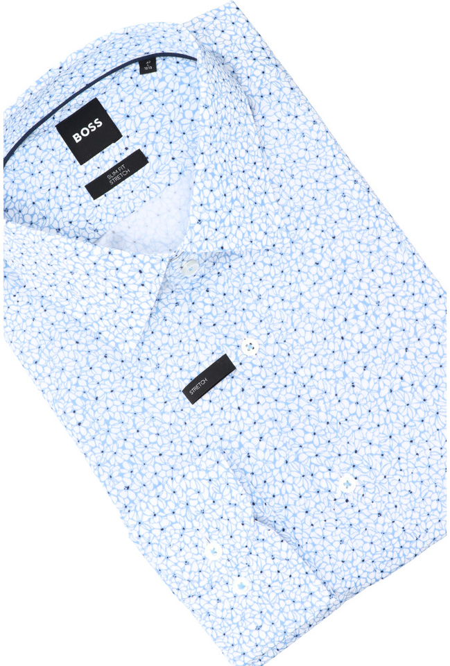 Wit katoenen hemd (slim fit) in lichtblauwe bloemenprint met lange mouwen Hank Hugo Boss