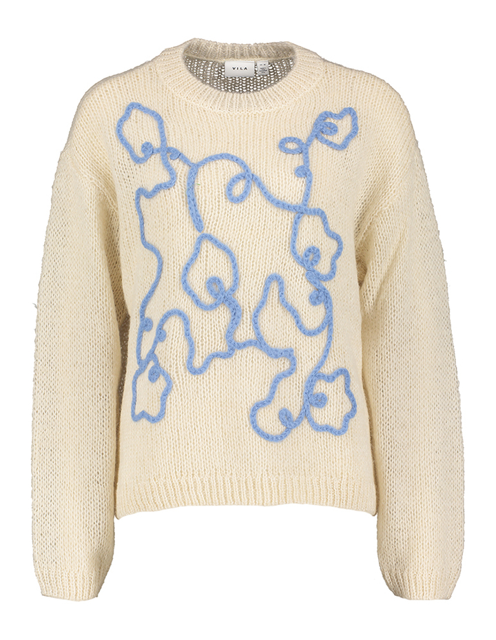 Beige gebreide trui met blauwe print Vimoyano Vila 