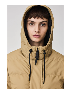 Kelp kleurige lange padded jas met rits en kap Puddle Tanta