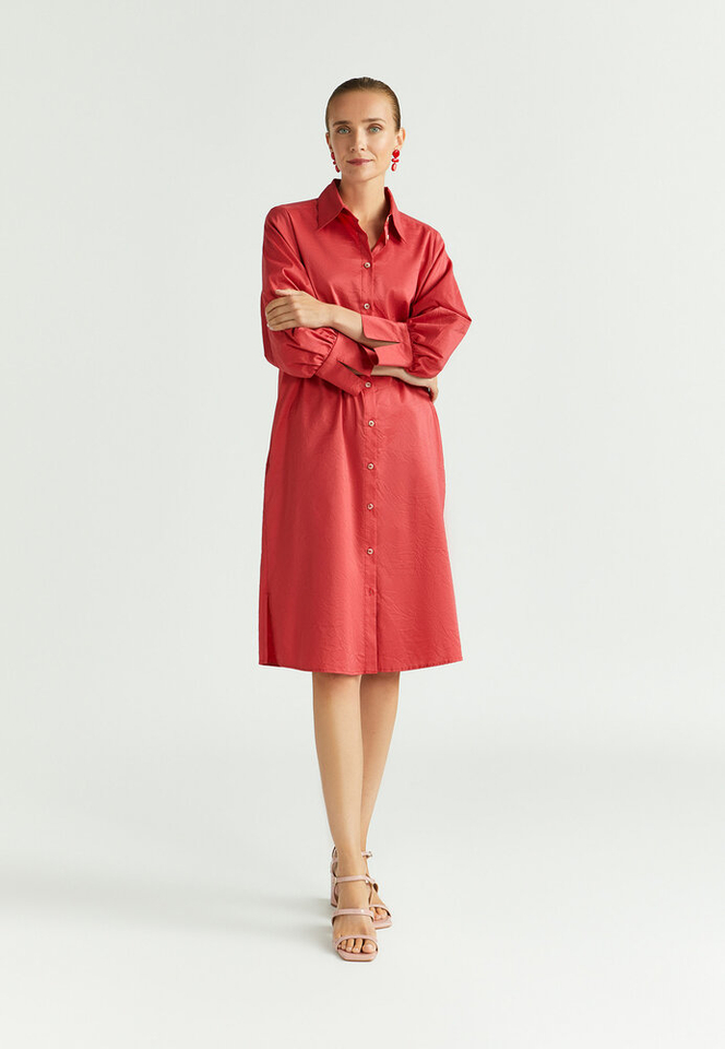 Rode katoenen hemdjurk in krinkelstof Keloise Xandres