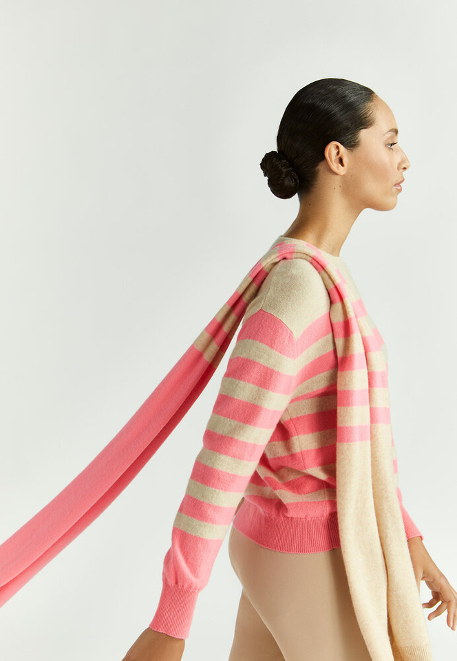 Beige gestreepte trui met fluo 