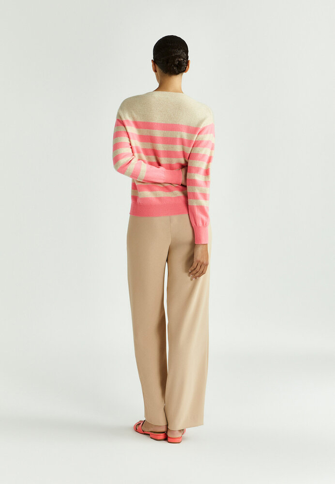 Beige gestreepte trui met fluo 